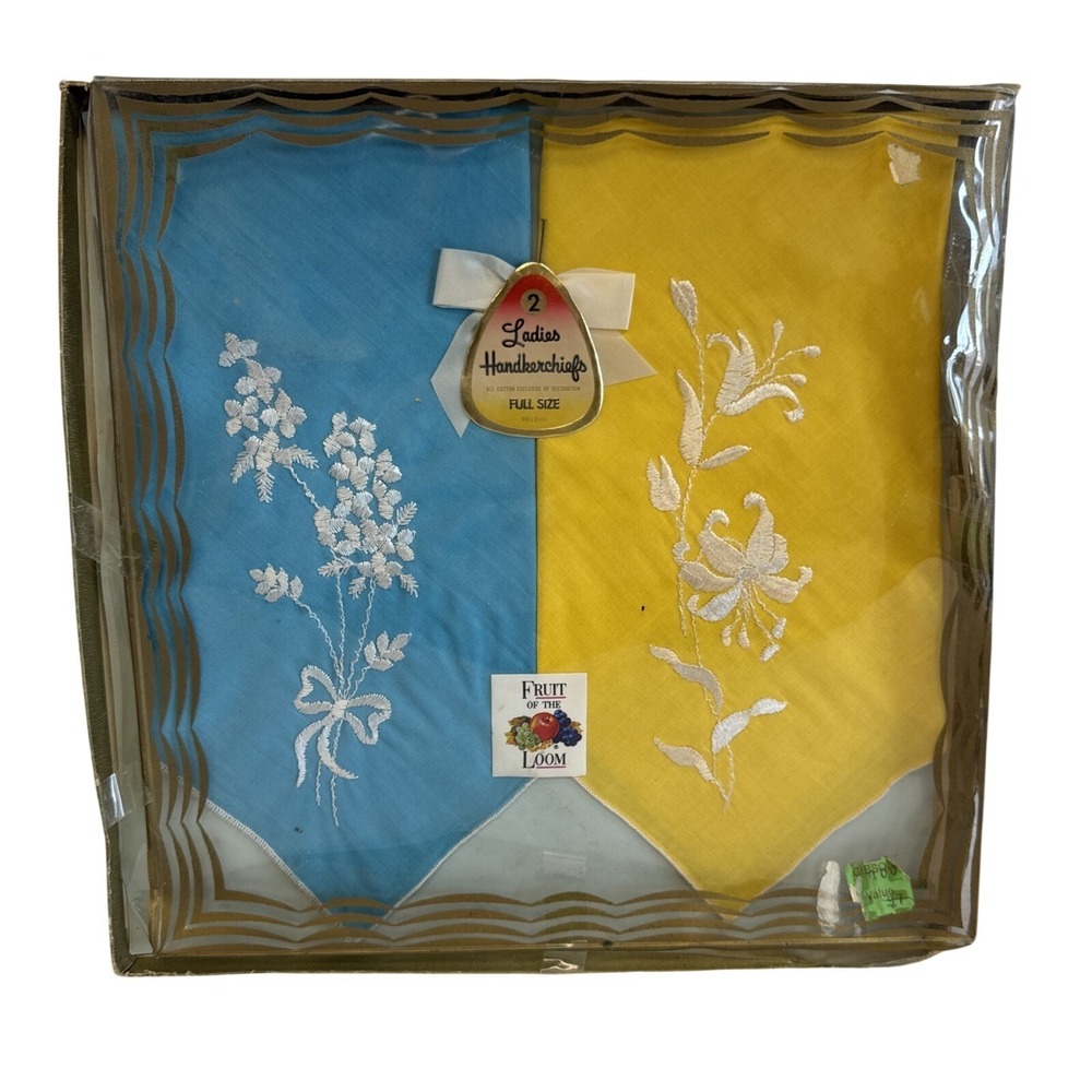 Vintage Fruit of the Loom Embroidered Cotton Handkerchiefs‎ 2 Pack Blue Yellow